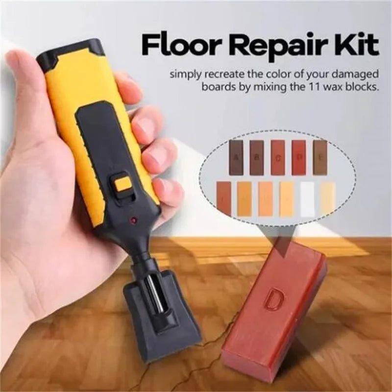 Floor repair tool kit with plastic handles and wax sticks for tile restoration