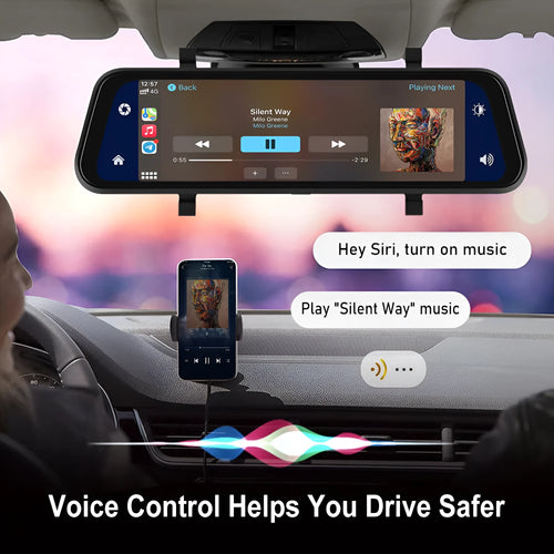 9.66-inch car dash cam and smart mirror with touch screen, CarPlay Android Auto support, and recording function