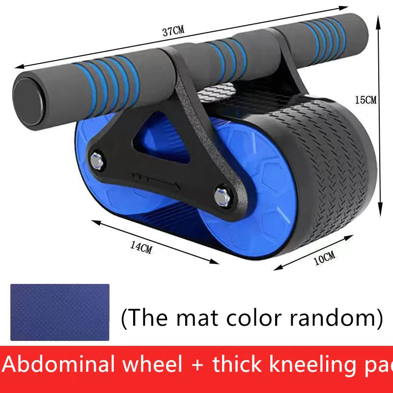 Double wheel abdominal exerciser with automatic rebound and blue kneeling pad on a dark surface