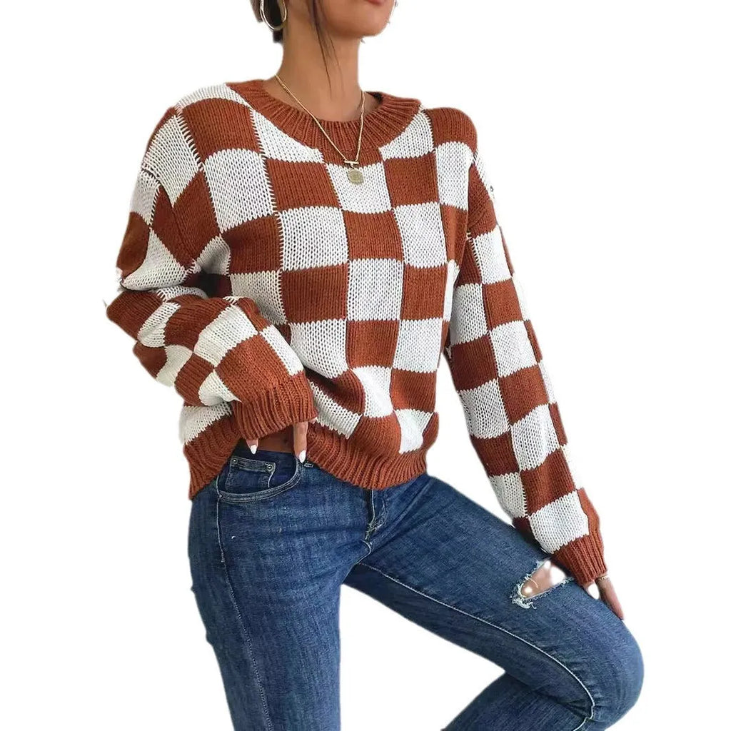 Dark brown plaid pattern acrylic pullover sweater with long sleeves and a loose round neck.