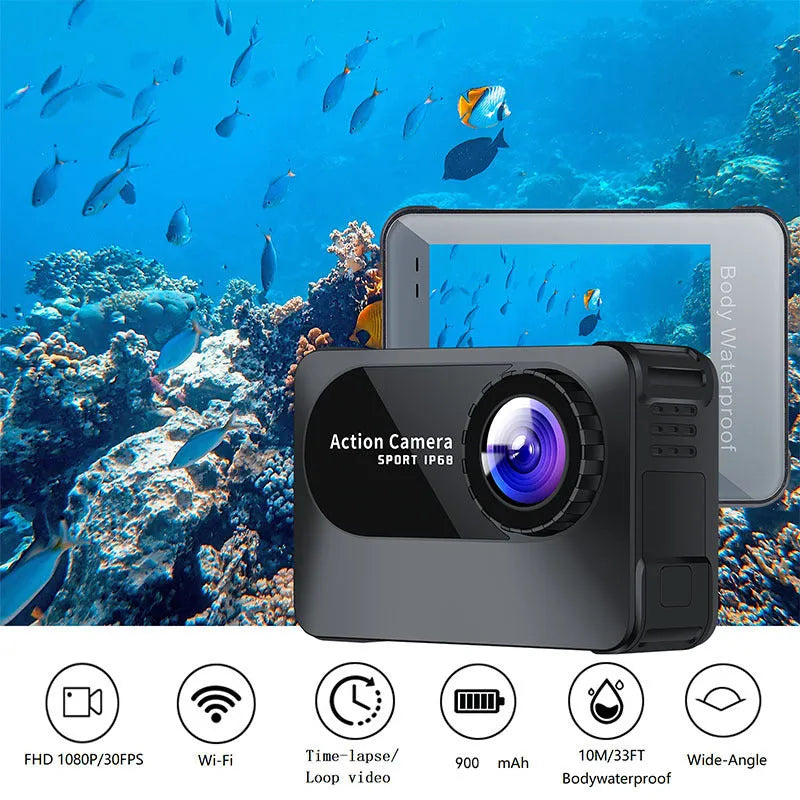 Black outdoor sports camera tachograph with touch screen showing 170° angle