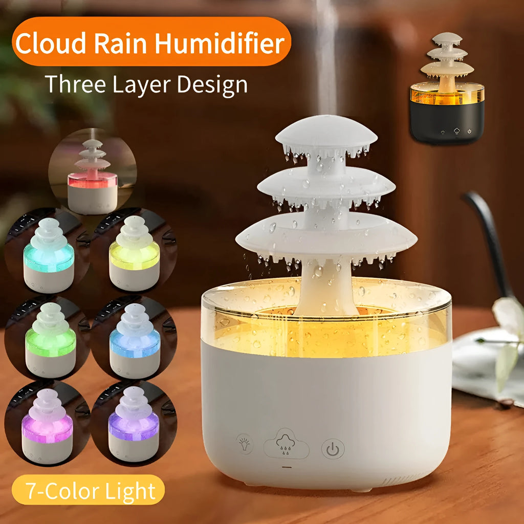 White cloud-shaped USB humidifier and essential oil diffuser with LED lights on a table