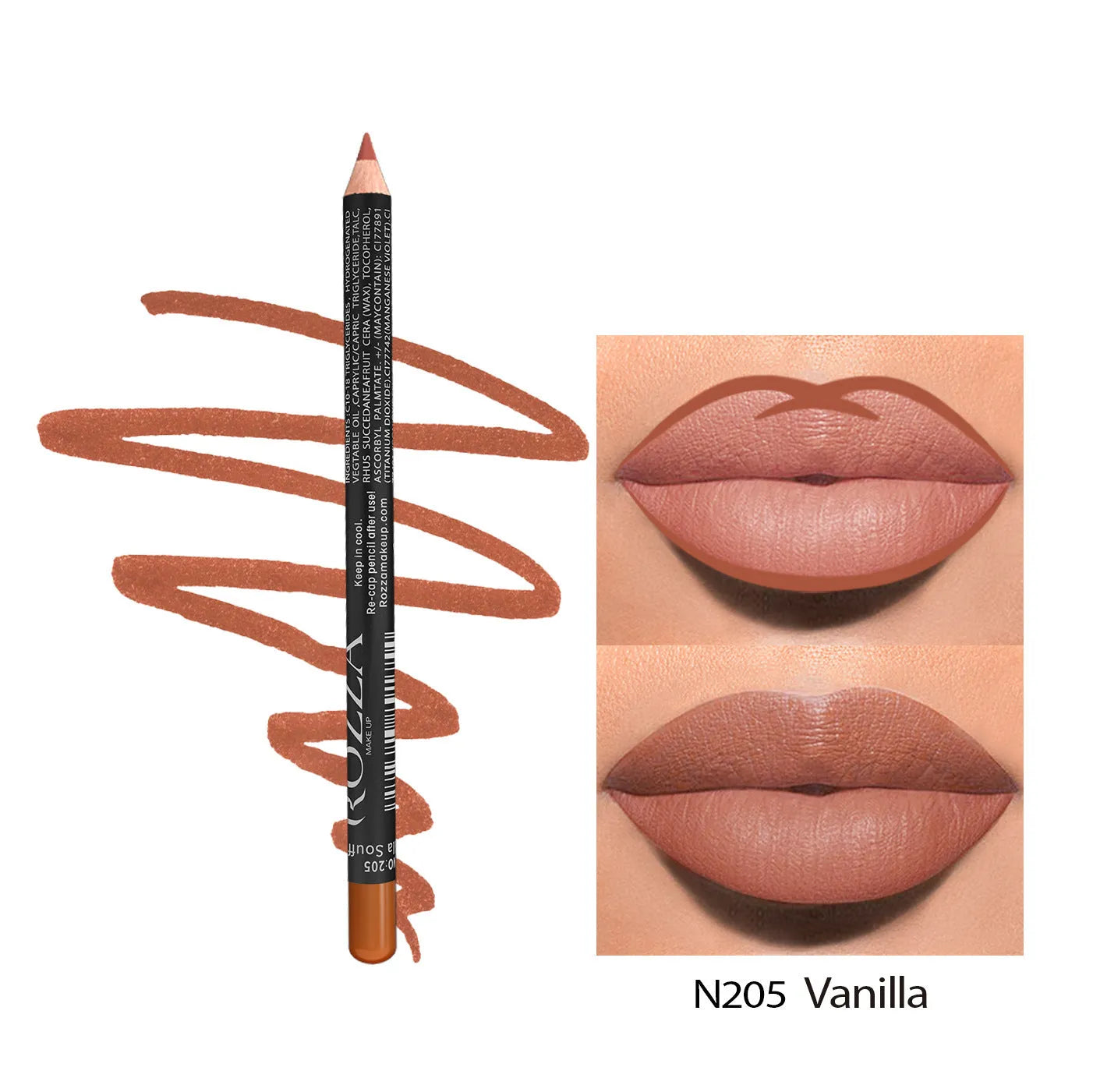Matte finish lip liner pencil in one of 14 available shades, shown on a clean background