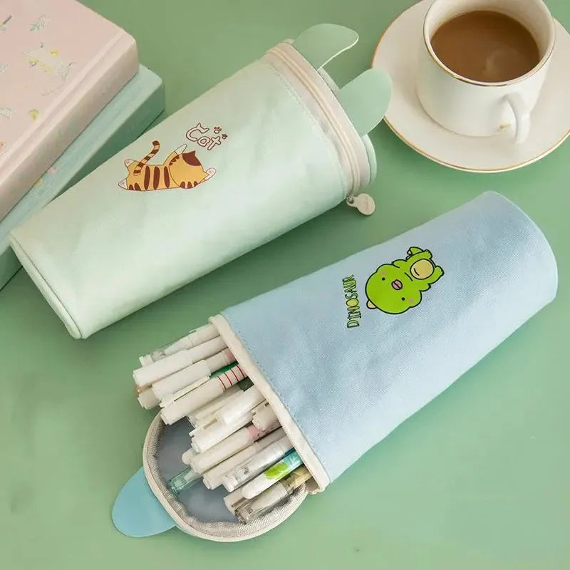 Round canvas pencil case with cartoon pattern for school stationery storage