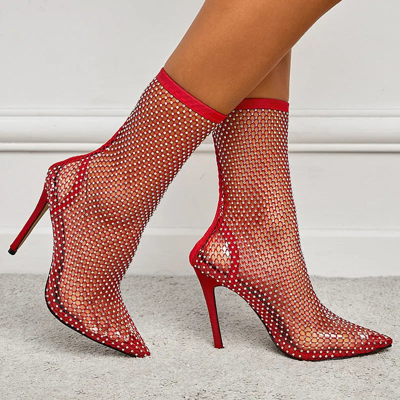 Women's pointed-toe stiletto hollow mesh sandals with oversleeves in black red white sizes UK 3 to 8