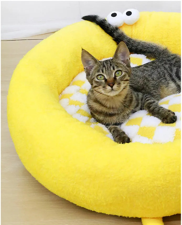 Plush circular pet nest bed for Shiba Inu dogs in black, pink, or yellow colours