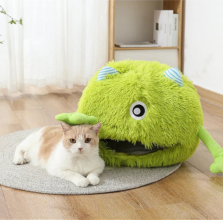 Round fluffy plush cat bed with non-slip bottom in three size options for indoor cats