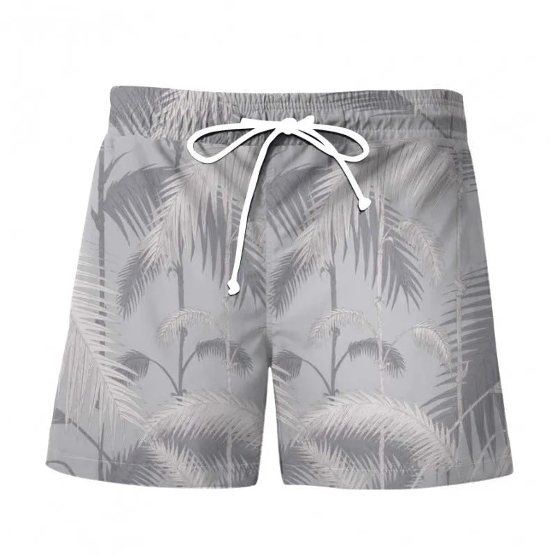 Men's 3D digital print Hawaiian-style beach shorts in polyester, front view