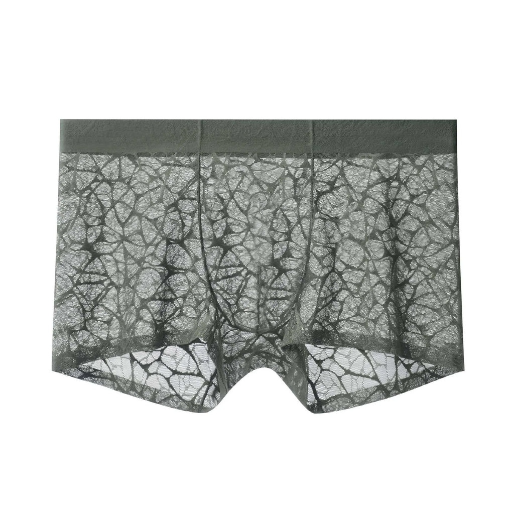 Men's thin lace leopard jacquard underwear in nylon, shown in one of five colours including matcha green.