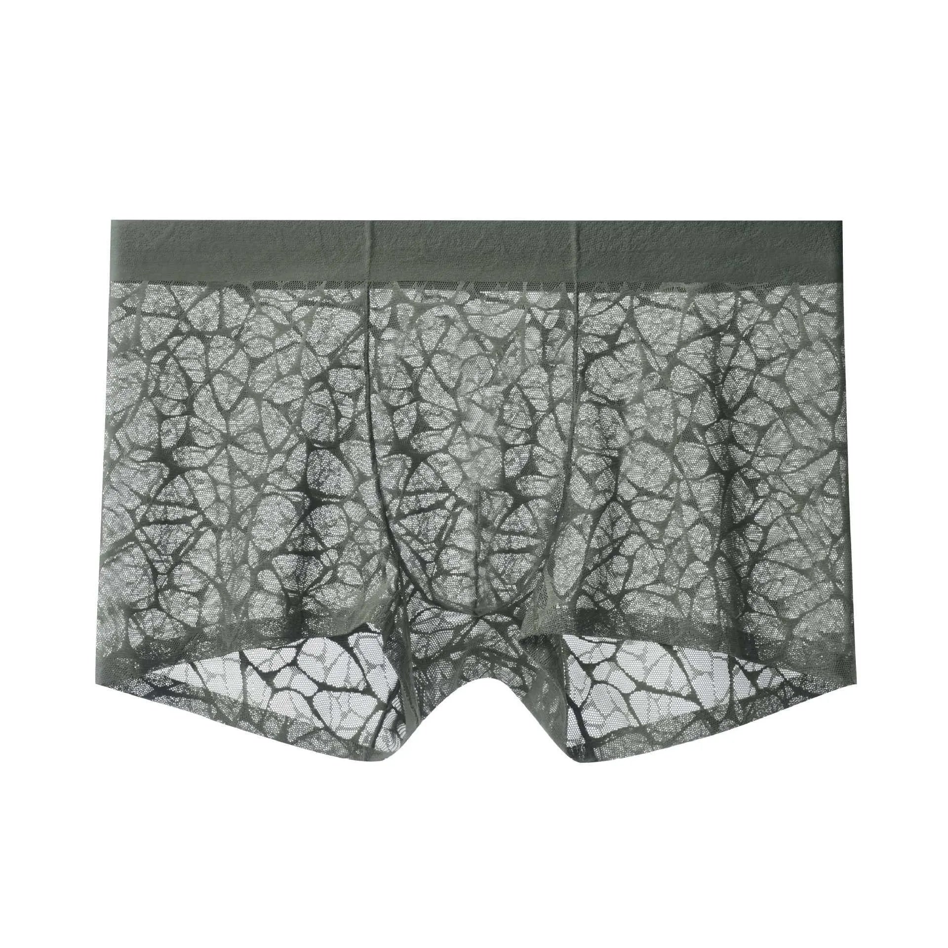 Men's thin lace leopard jacquard underwear in nylon, shown in one of five colours including matcha green.