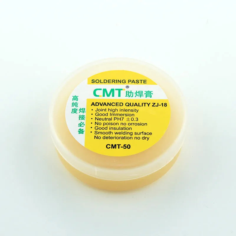 Container of rosin soldering flux paste for use with an electric soldering iron.