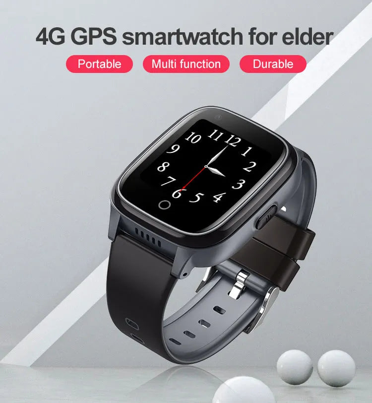 Black elderly positioning smart watch with 1.4 inch screen, plastic body, plus button, and wrist strap