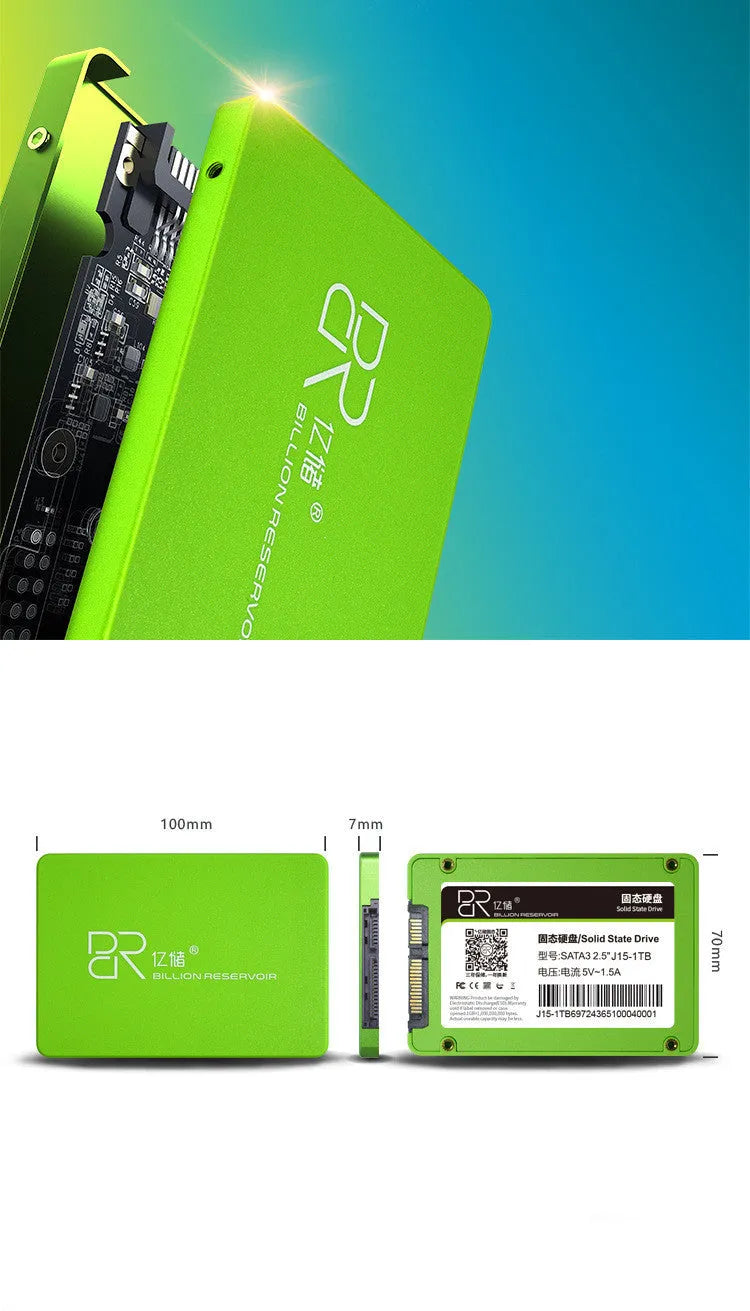 Black J11 2.5-inch SATA solid state drive shown from the top, with label indicating capacity options.
