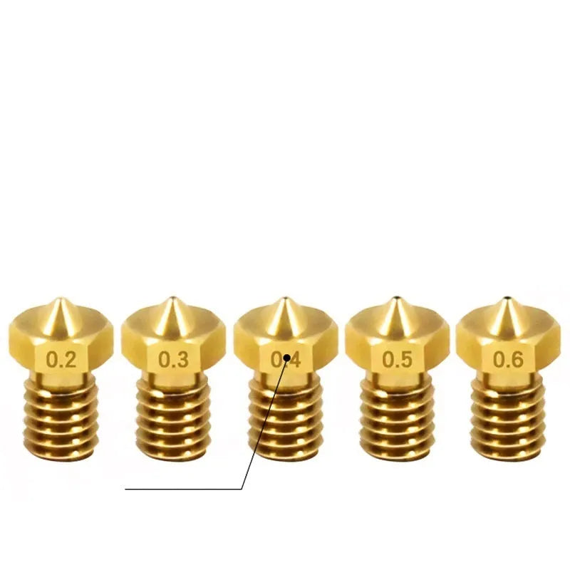 E3D brass 3D printer nozzle with M6 thread showing outlet aperture options