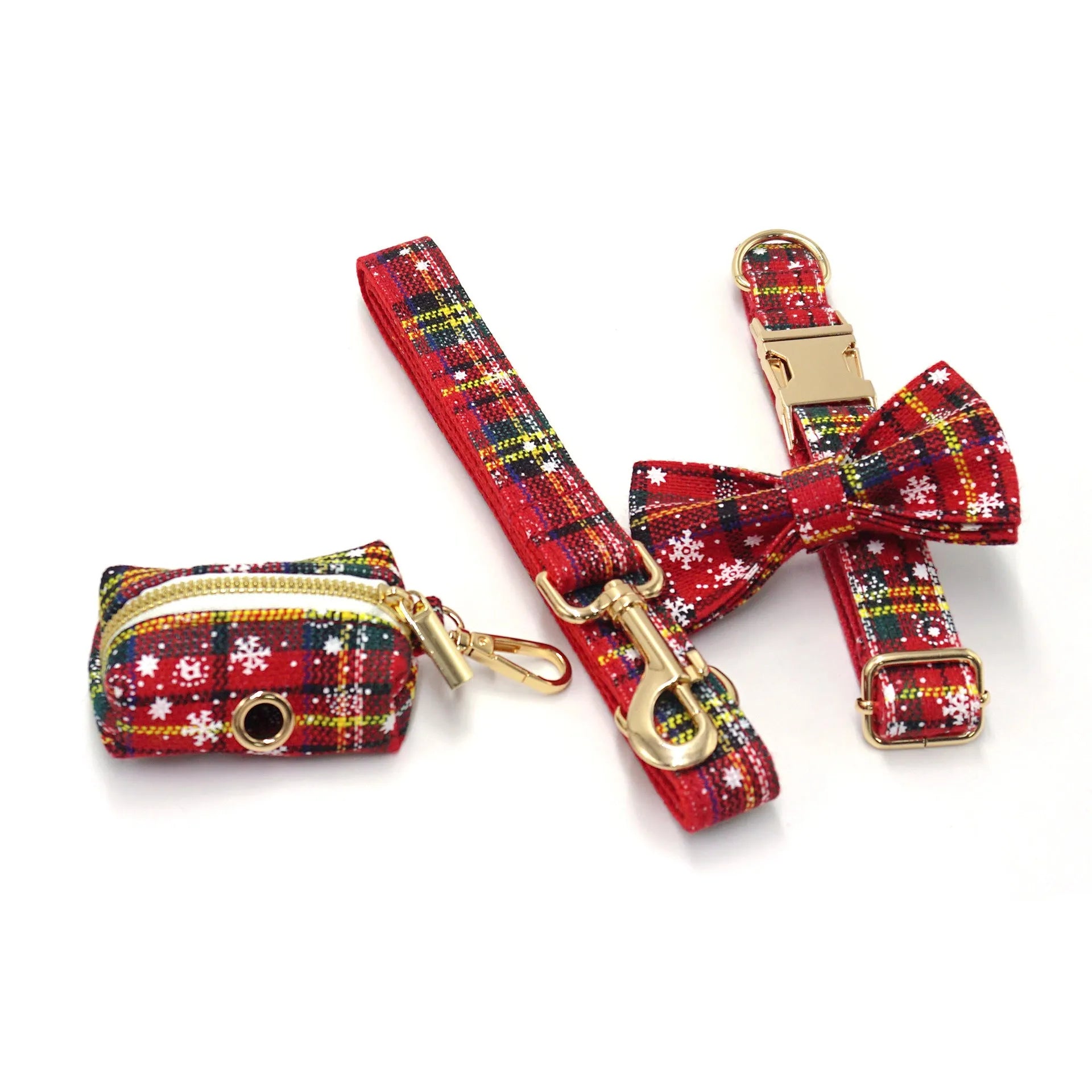 Red cloth Christmas dog collar and lead set with matching chest strap, bow, and waste bag.