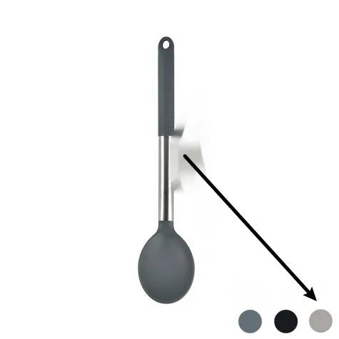 12-piece black silicone kitchen utensil set including spatula, spoon, and claw tools in a rotating storage bucket on a kitchen counter.