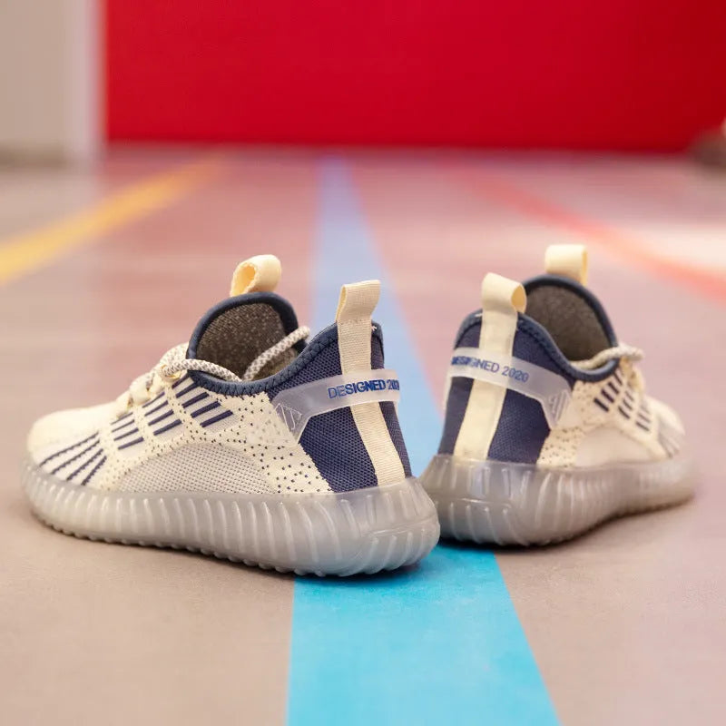 Men's white breathable flying fabric sports shoes with mesh lining and low upper design on a plain background.