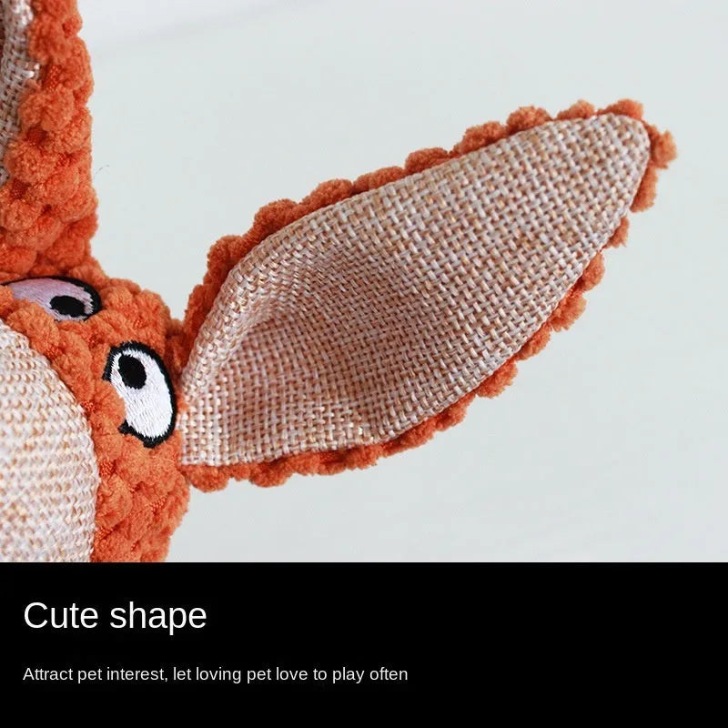 Four animal-shaped dog plush toys: donkey, elephant, orangutan and rabbit designs with squeakers