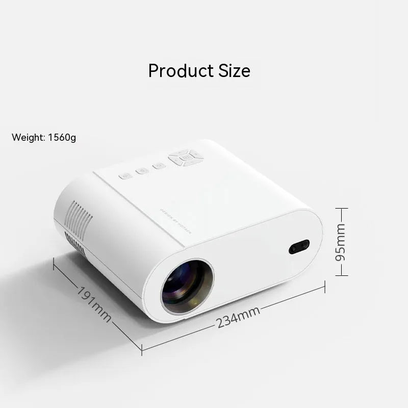 White T07 full HD smart projector with remote control showing 1080p resolution and 320 ANSI lumen brightness