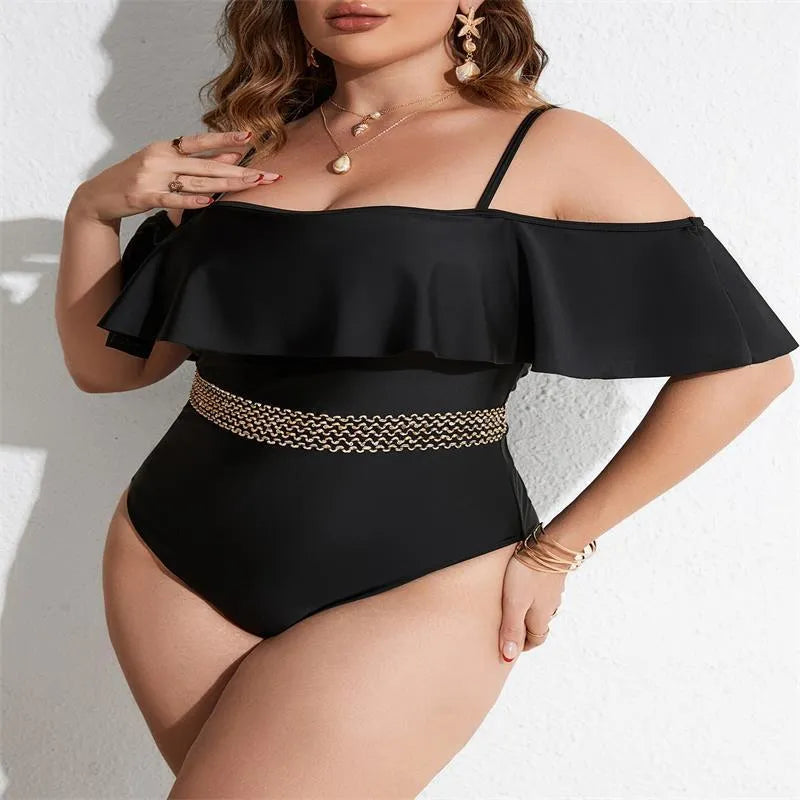 Black women's one-piece swimsuit in polyester fabric available in sizes 0XL to 4XL