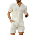 Men's black wave pattern shorts suit with short sleeve top and matching casual shorts