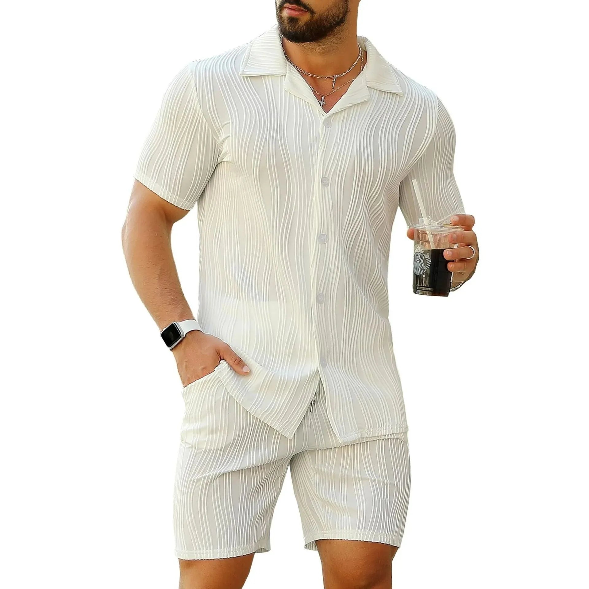 Men's black wave pattern shorts suit with short sleeve top and matching casual shorts
