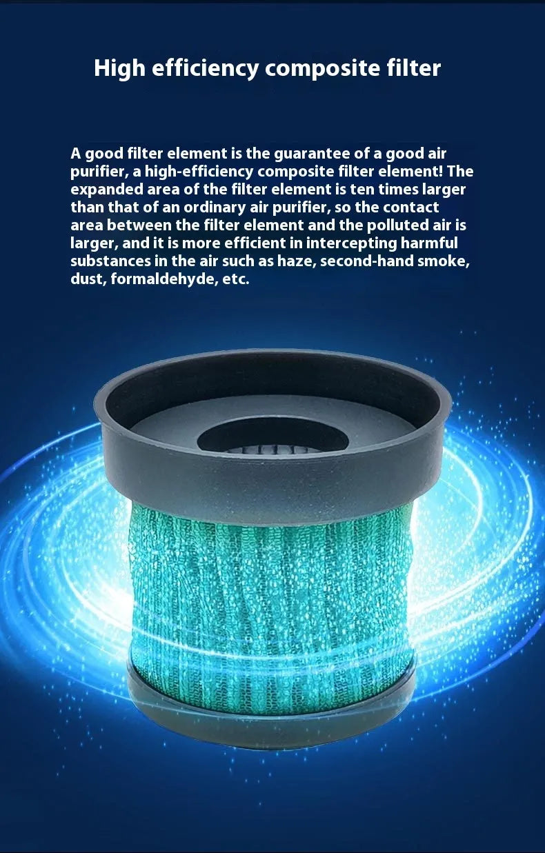 Black cylindrical car air purifier with USB connection for vehicle formaldehyde removal and negative ion generation