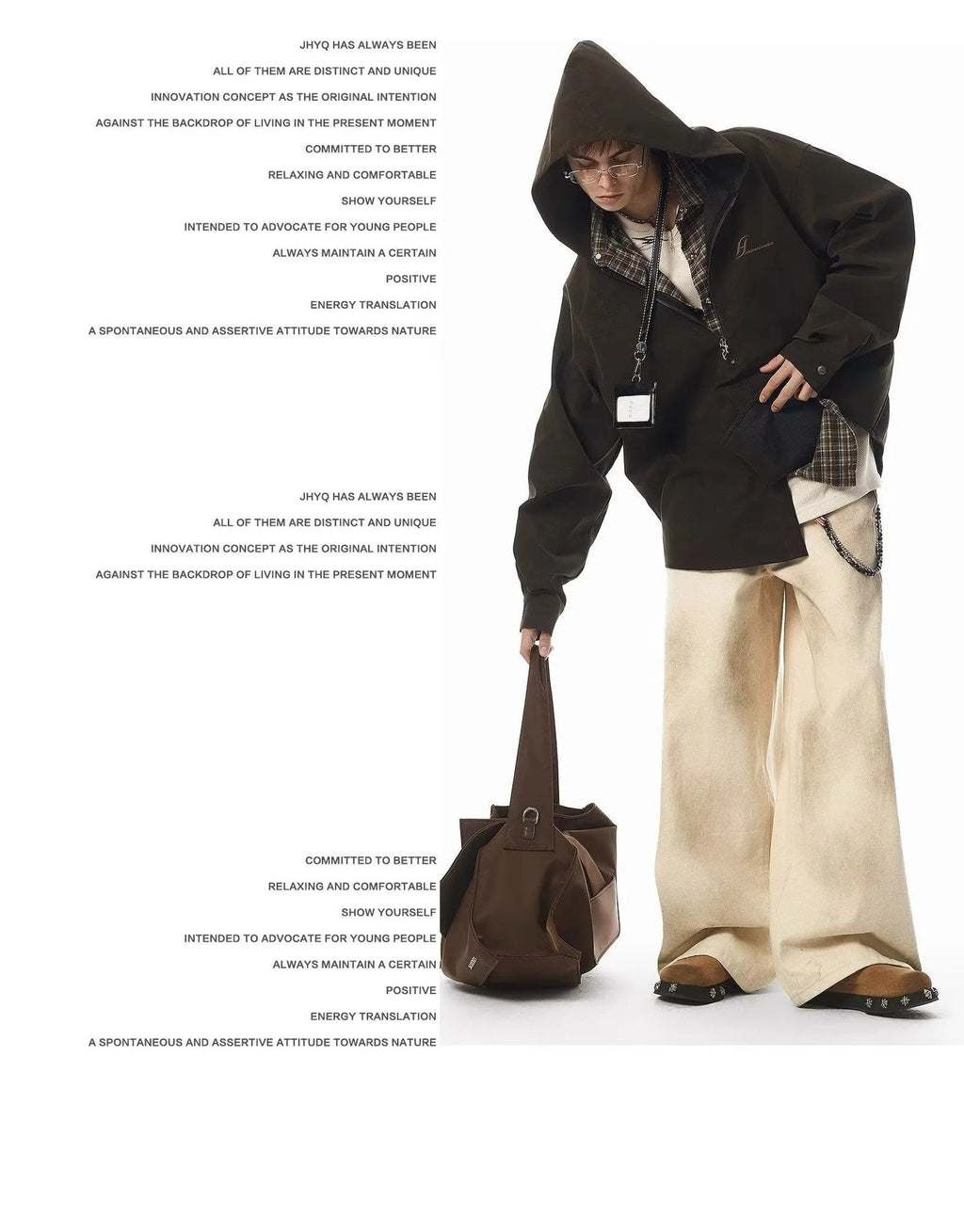 Loose straight retro street floor-length pants in beige cotton with wrinkle-free treatment, mid-rise waist, and loose leg
