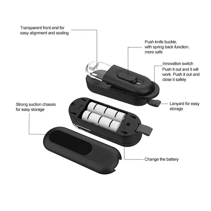 Handheld ABS bag sealer and resealer, 100x38x35mm, in black, white or Lake Blue