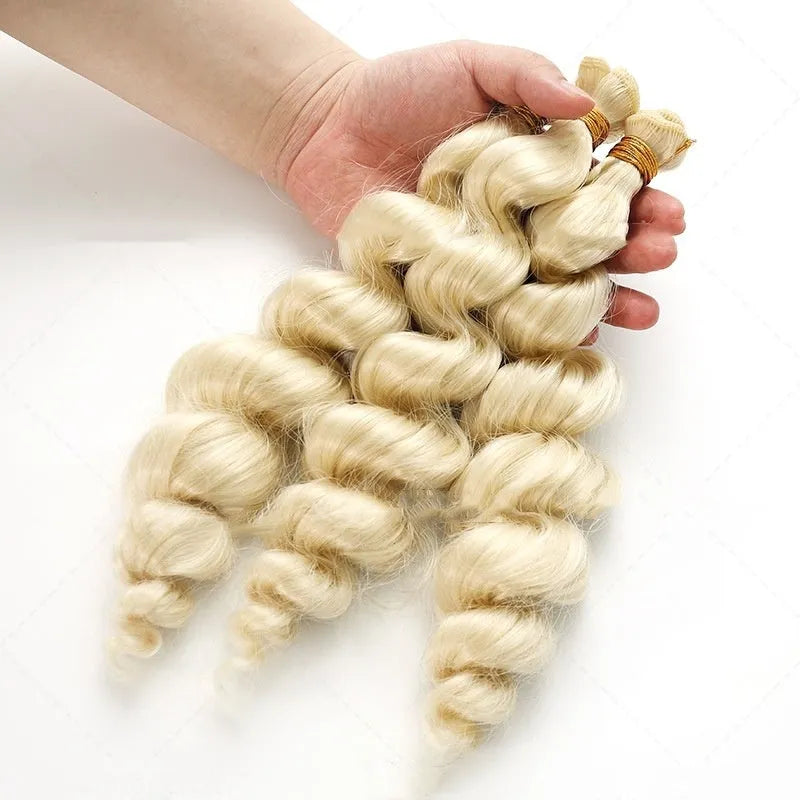 Golden synthetic women's wig on a stand showing 18-inch, 20-inch and 22-inch length options.