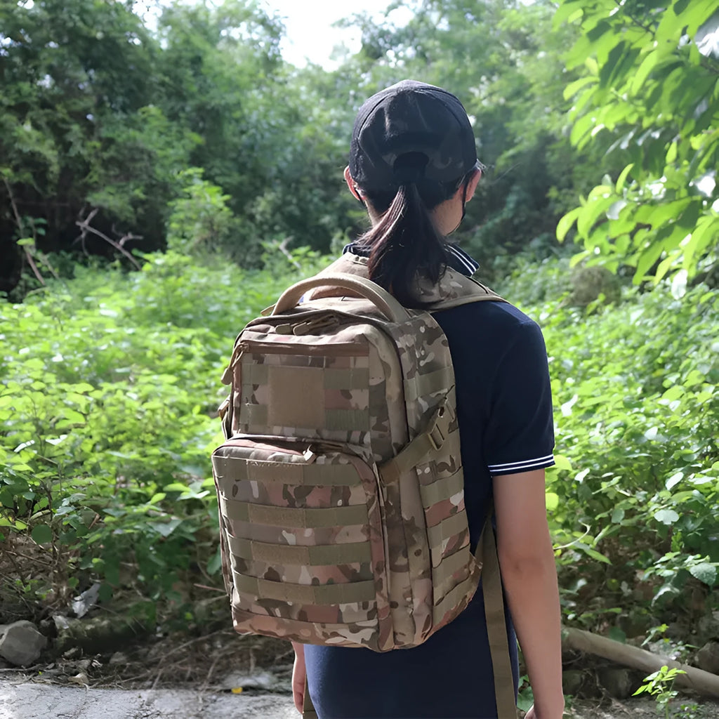 Military style tactical assault backpack in oxford fabric, shown in available colours including CP camouflage