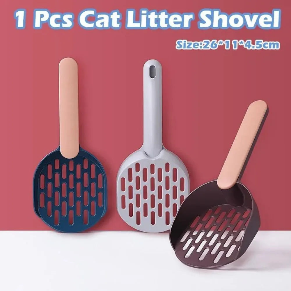 Blue plastic cat litter shovel for cleaning litter boxes, showing dimensions and scoop design.