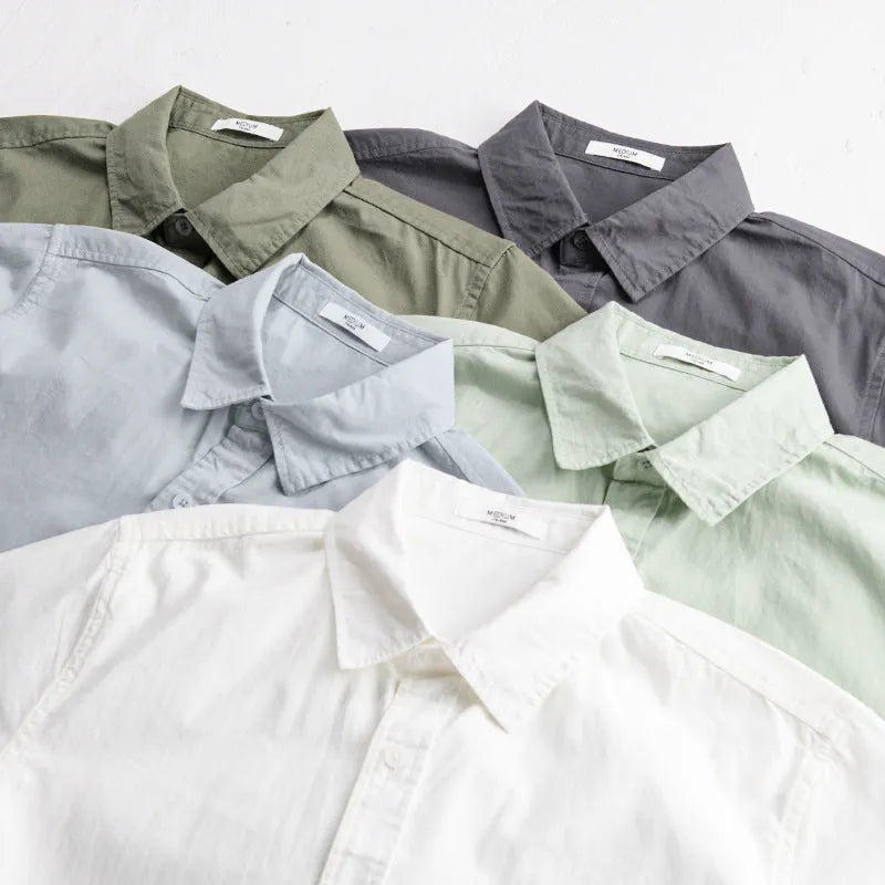 Man wearing a loose fit light blue pure cotton short sleeve button-up shirt