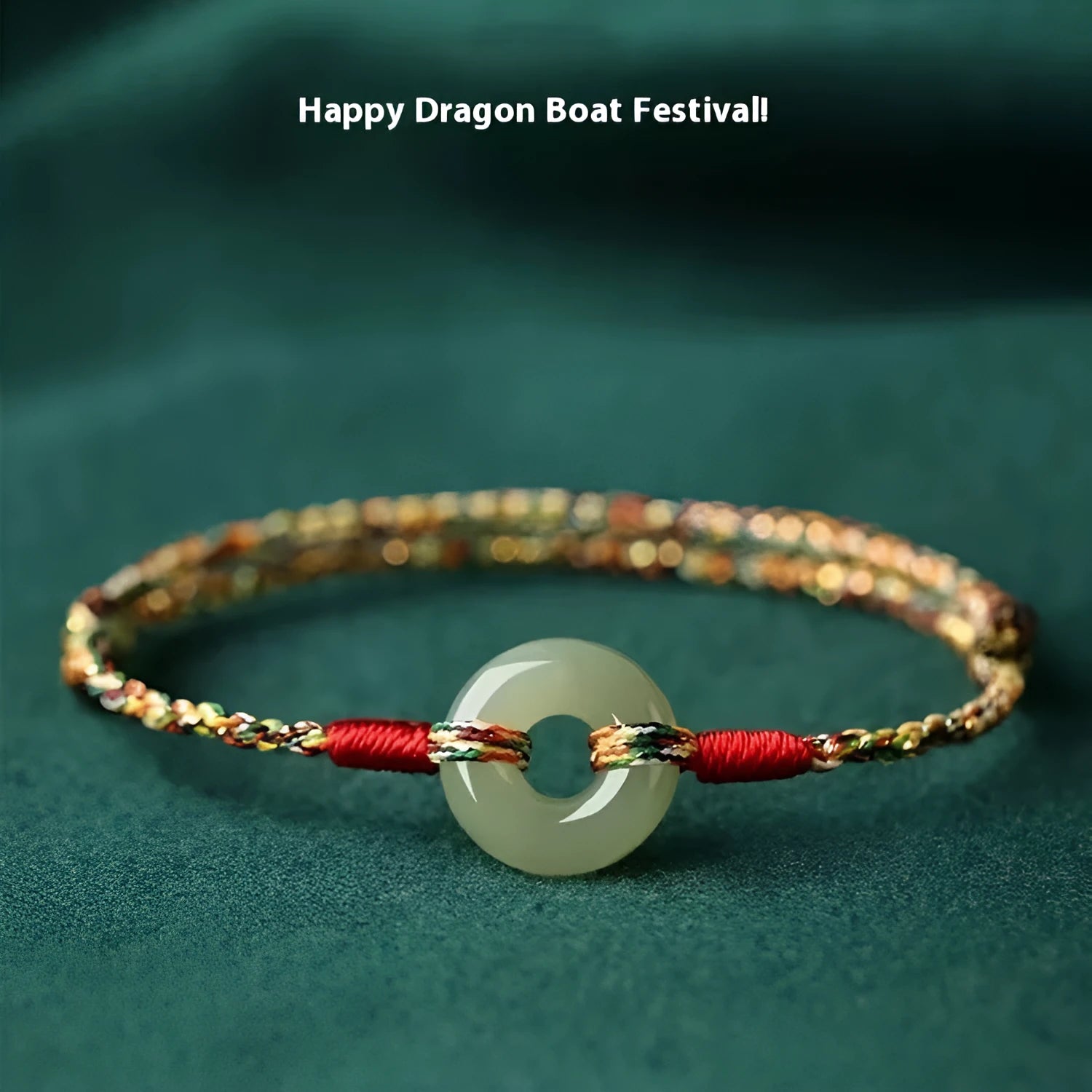 Colourful braided rope bracelet with peace buckle closure showing woven texture