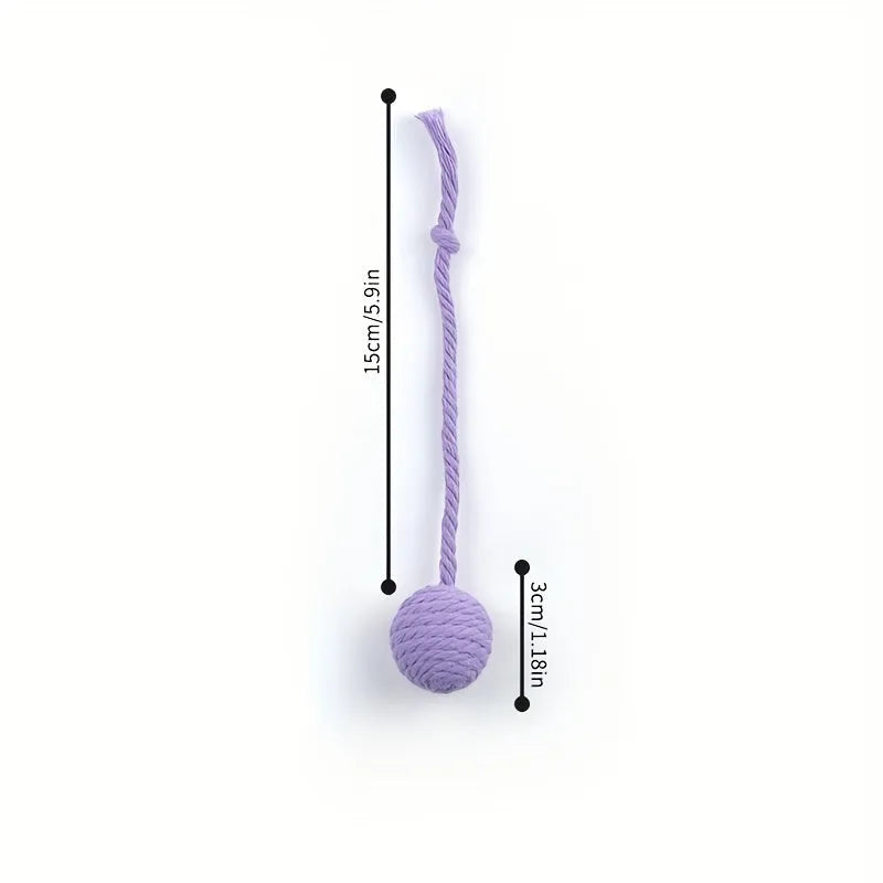 Colourful cat toy ball with rope attachment and built-in bell for interactive pet play