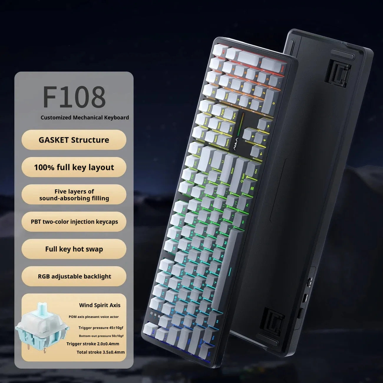 F108pro wireless mechanical keyboard in Milk Brown colour with USB cable and spare switch