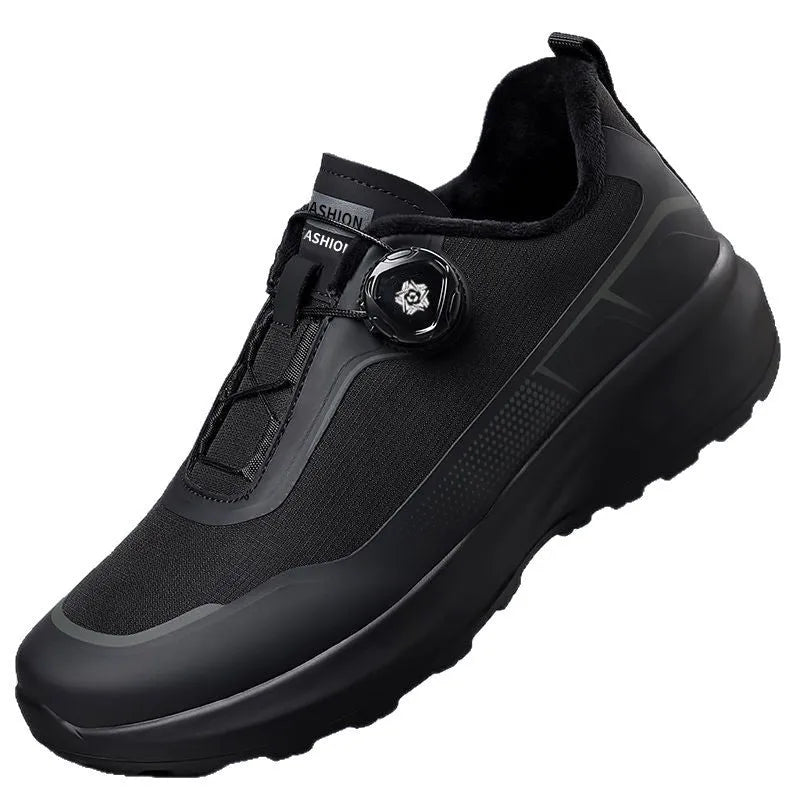 Men's black rotating button casual sneakers with thick platform sole and mesh lining