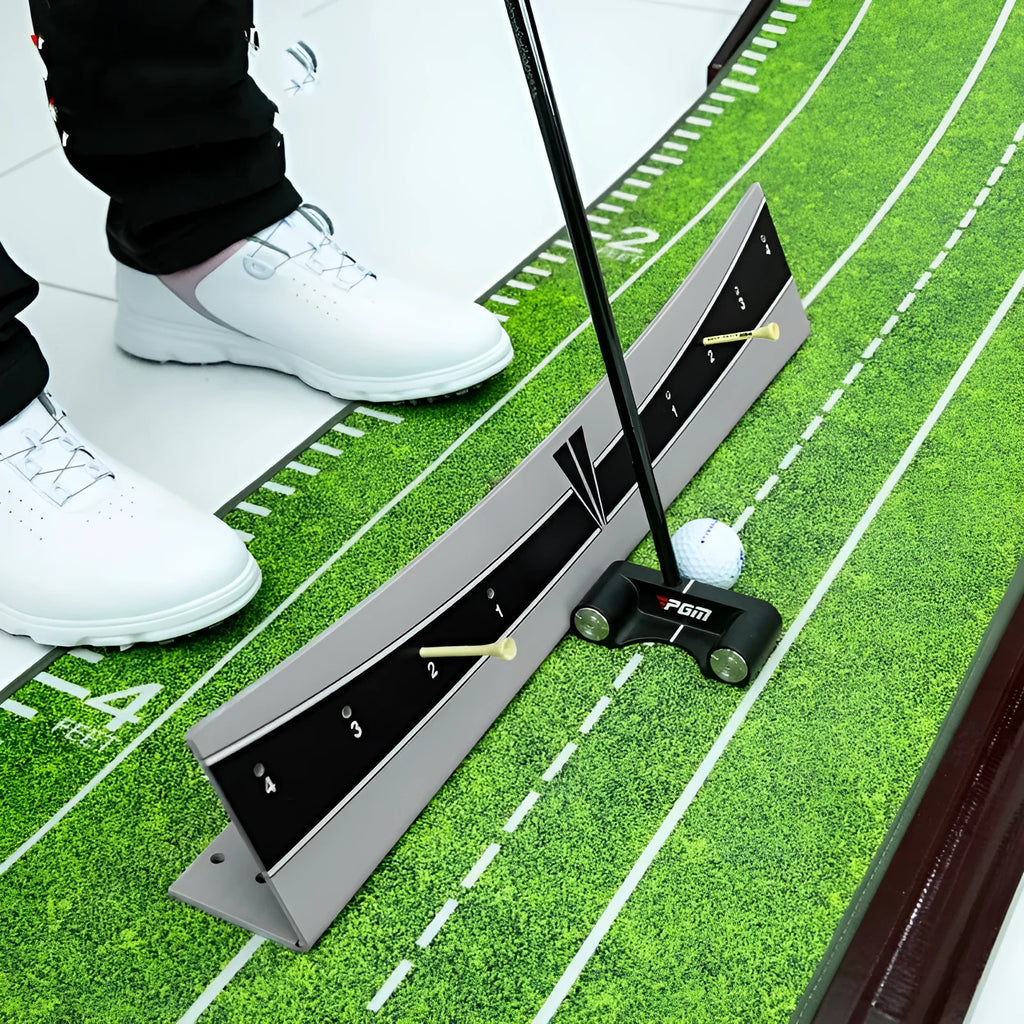 Golf putter trajectory balance simulator with adjustable push rod on a green putting mat