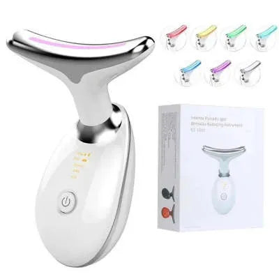 Black and silver EMS thermal neck lifting massager with LED lights for skin tightening and wrinkle reduction.