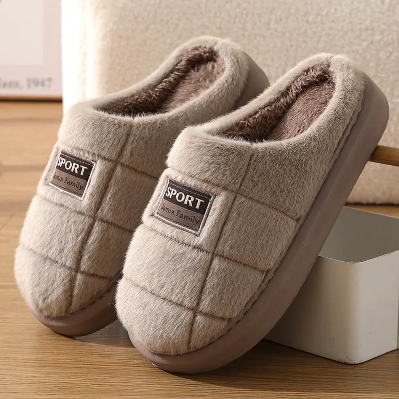 Men's grey and brown plaid rabbit hair slippers with thick lining and a textured EVA sole.