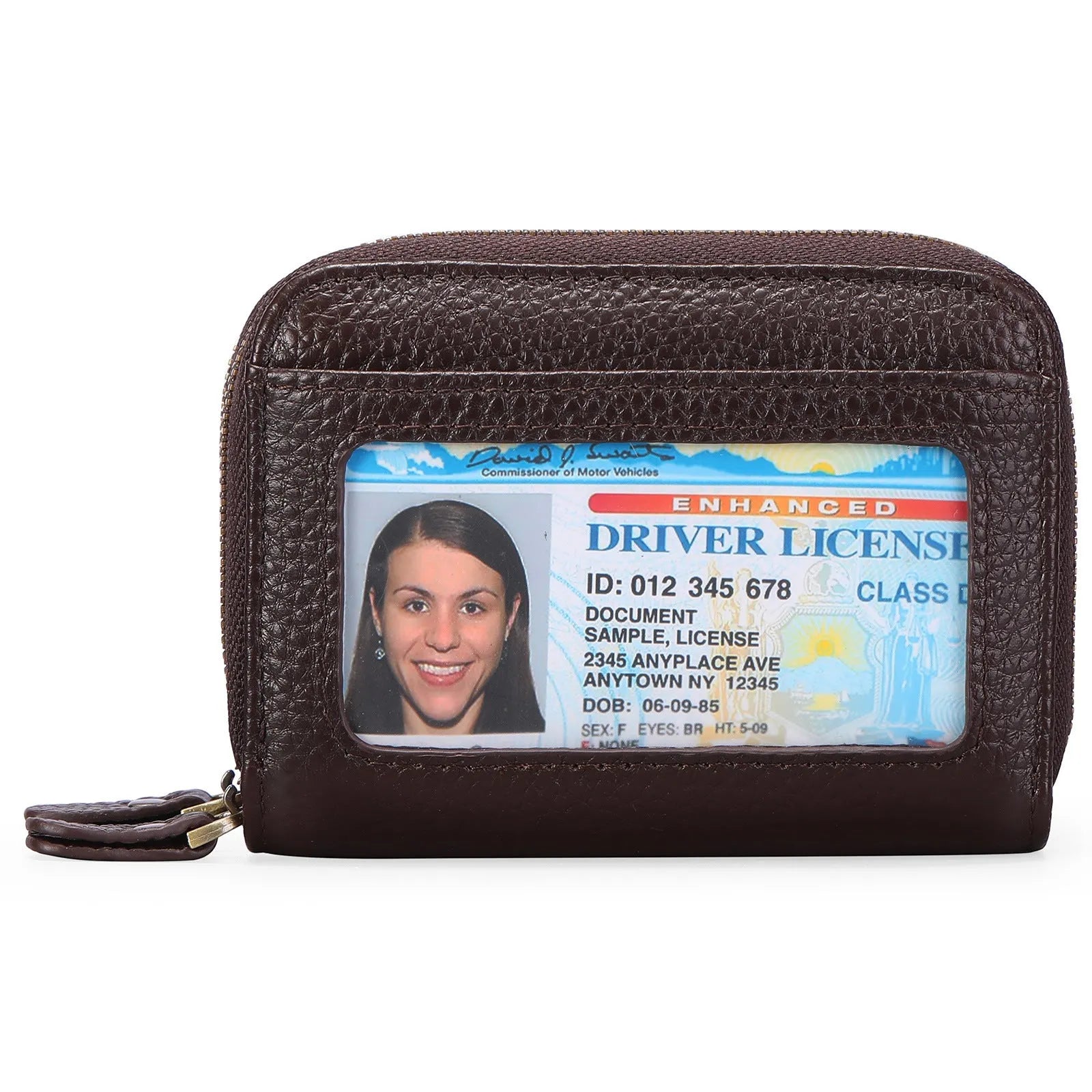 Genuine cowhide leather double layer card holder with zipper, shown in red colour with gift box.