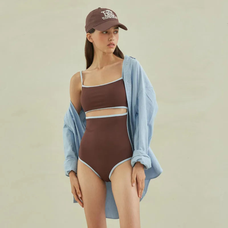 Brown nylon one-piece swimsuit for women with a triangular sexy design.