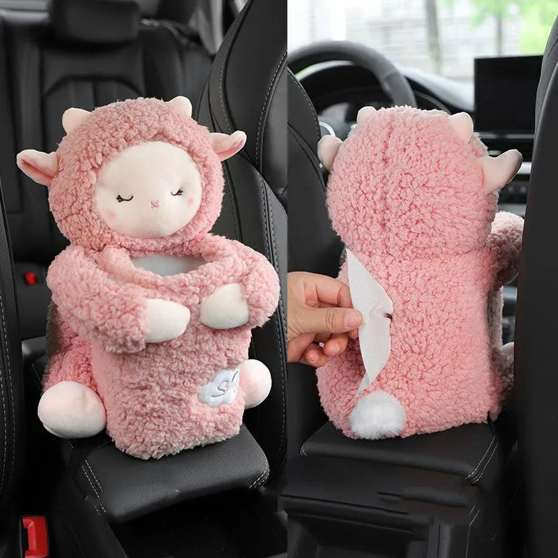 Plush car tissue box and rubbish bin combination in cute animal design for vehicle centre console