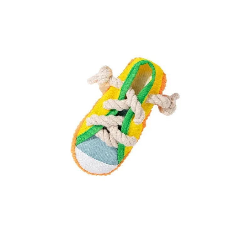 Plastic dog chew toy in yellow, black, or blue with a contoured shape for biting.