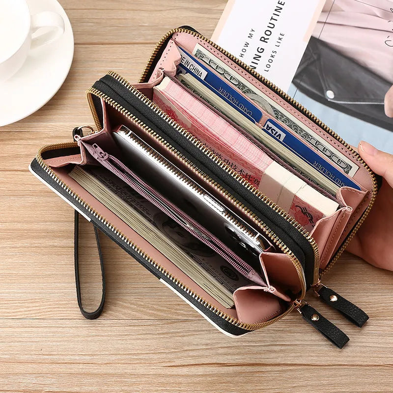 European retro style PU leather wallet clutch with mobile phone bag and coin purse compartments in black colour