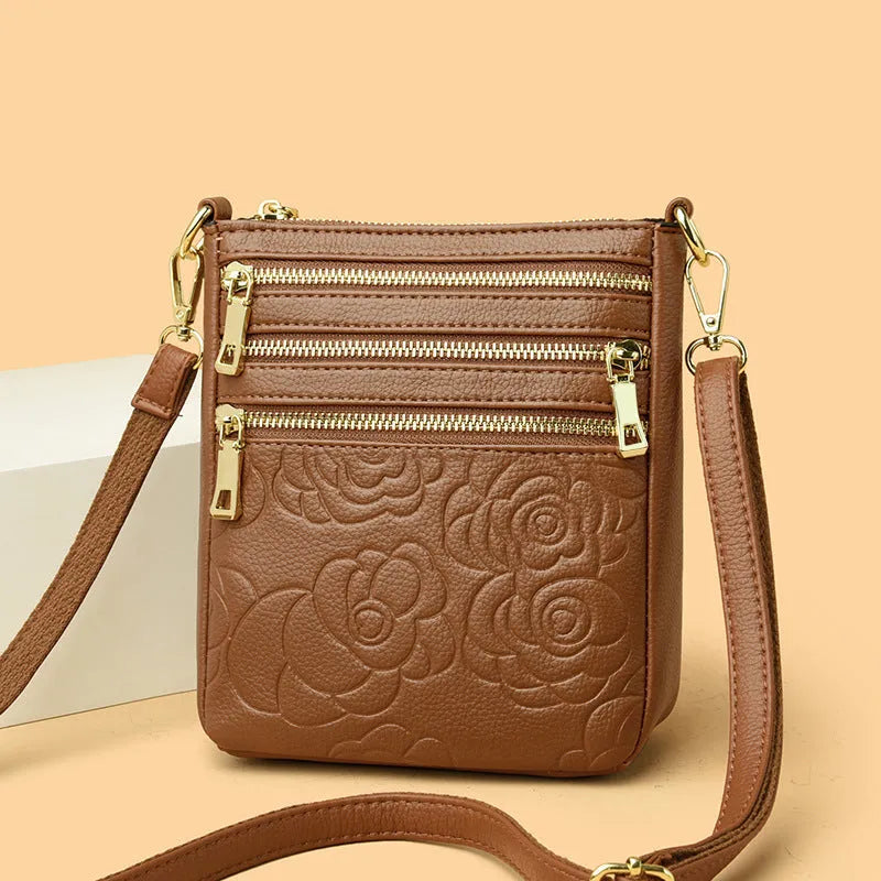 Five-layer soft PU leather embossed shoulder crossbody bag in beige, horizontal square shape, double-jointed strap
