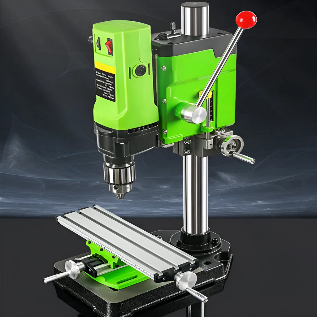 240W bench drill and milling machine on a workbench with heavy-duty steel clamping pliers.