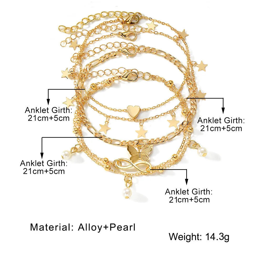 Butterfly pearl heart four-piece anklet set for women with multi-layer alloy chains