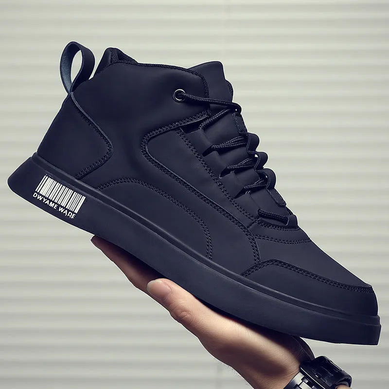 Men's white mid-top casual lace-up trainers with a round toe and flat rubber sole.