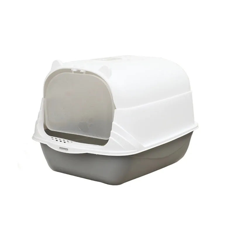 Oversized enclosed cat litter box in grey PP plastic with high sides and privacy top